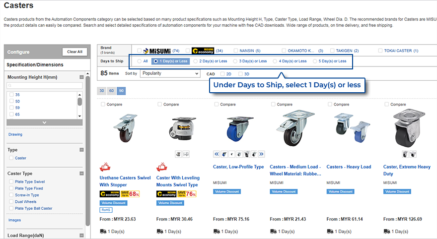 Select 'Same Day' under the 'Days to Ship' portion.